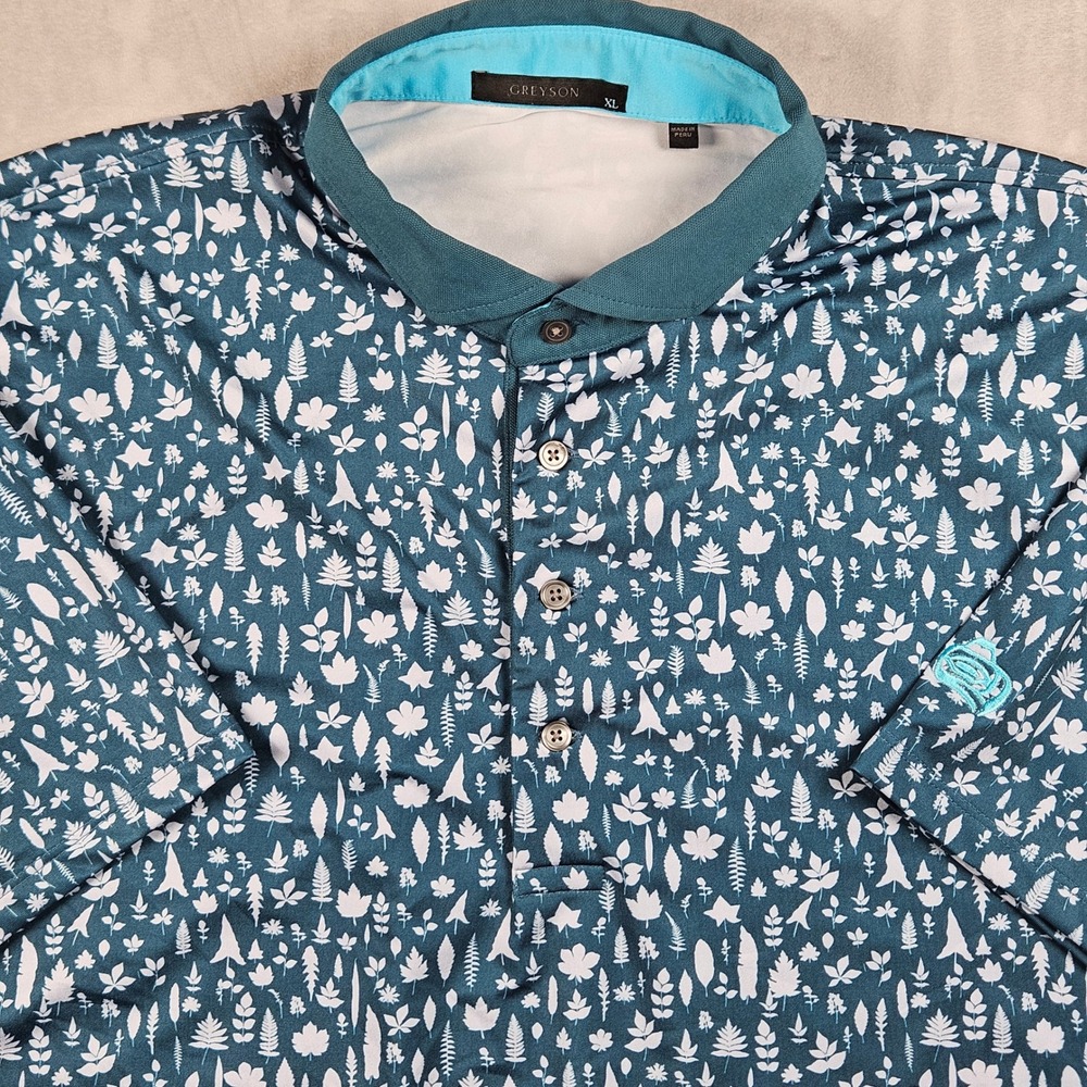 Greyson Polo Shirt Mens XL Blue Botanical Leaf Print Performance Golf Wolf Logo